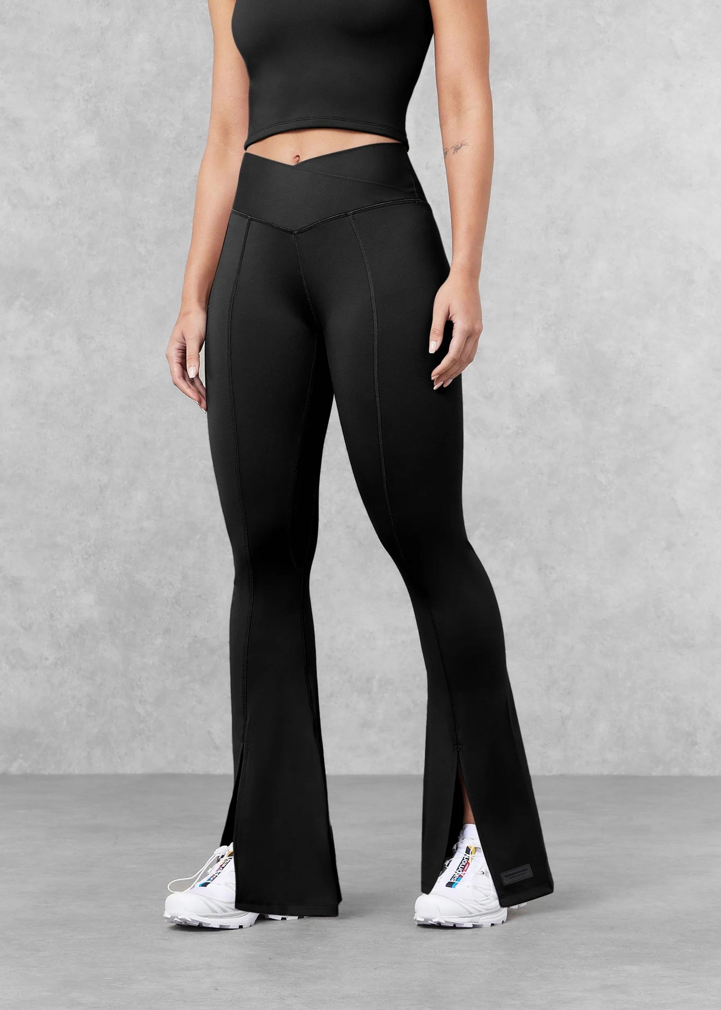 Flared Front Split Leggings- Black