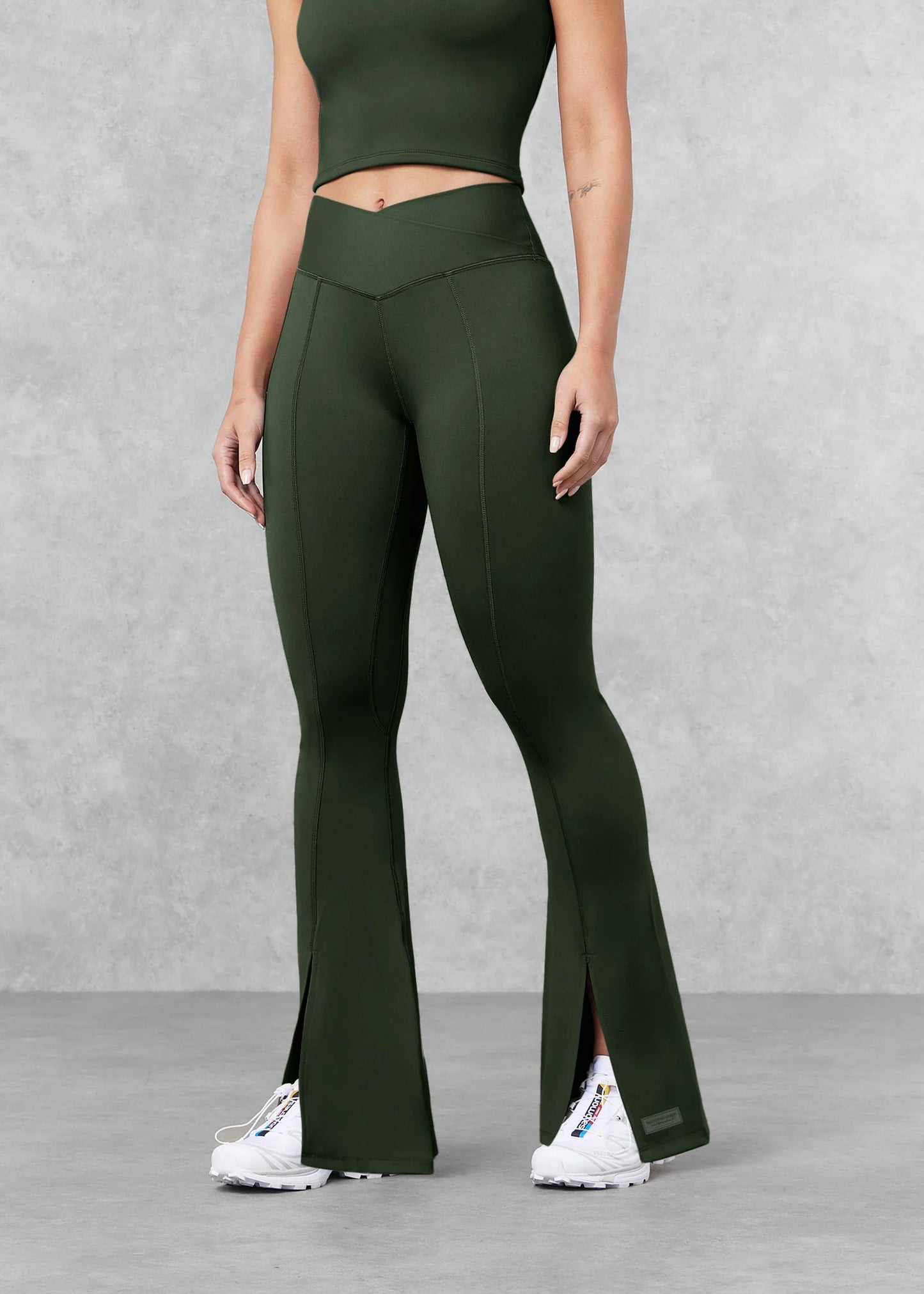 Flared Front Split Leggings- Khaki